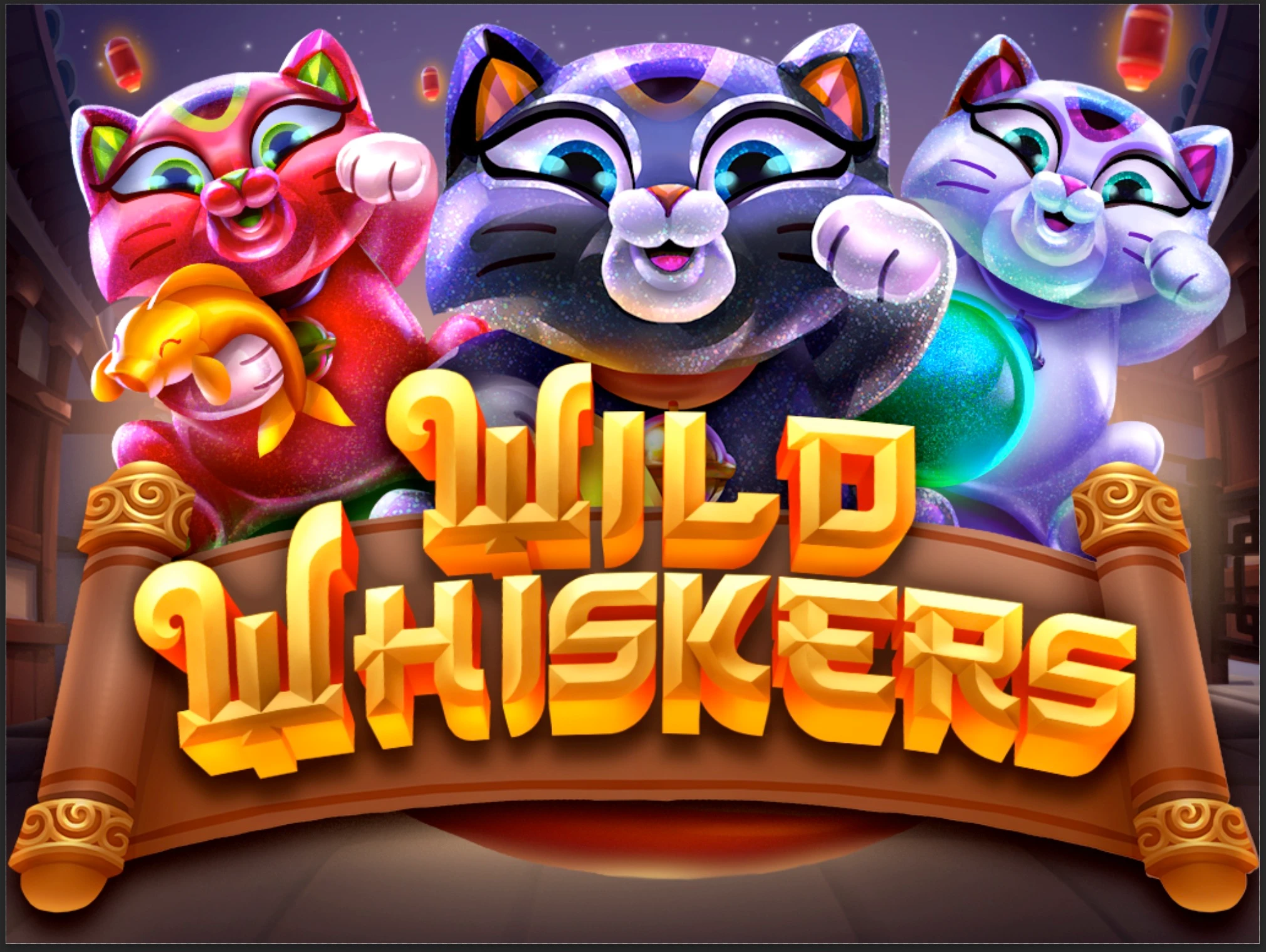 The Japanese cat-themed jackpot slots game Wild Whiskers logo features three Japanese Maneki-neko lucky cats.